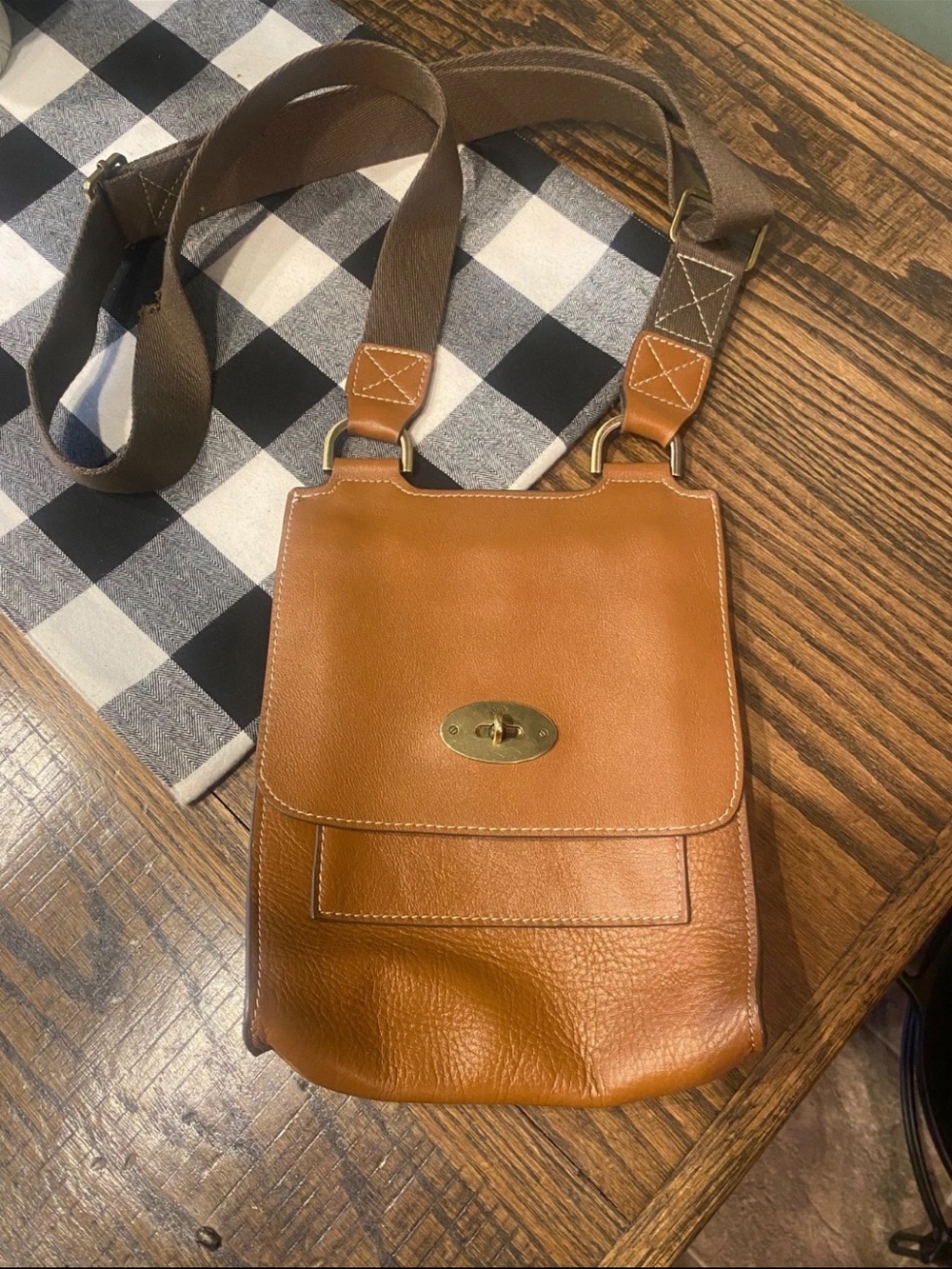 Mulberry Tan Leather Crossbody with Brown Fabric Strap